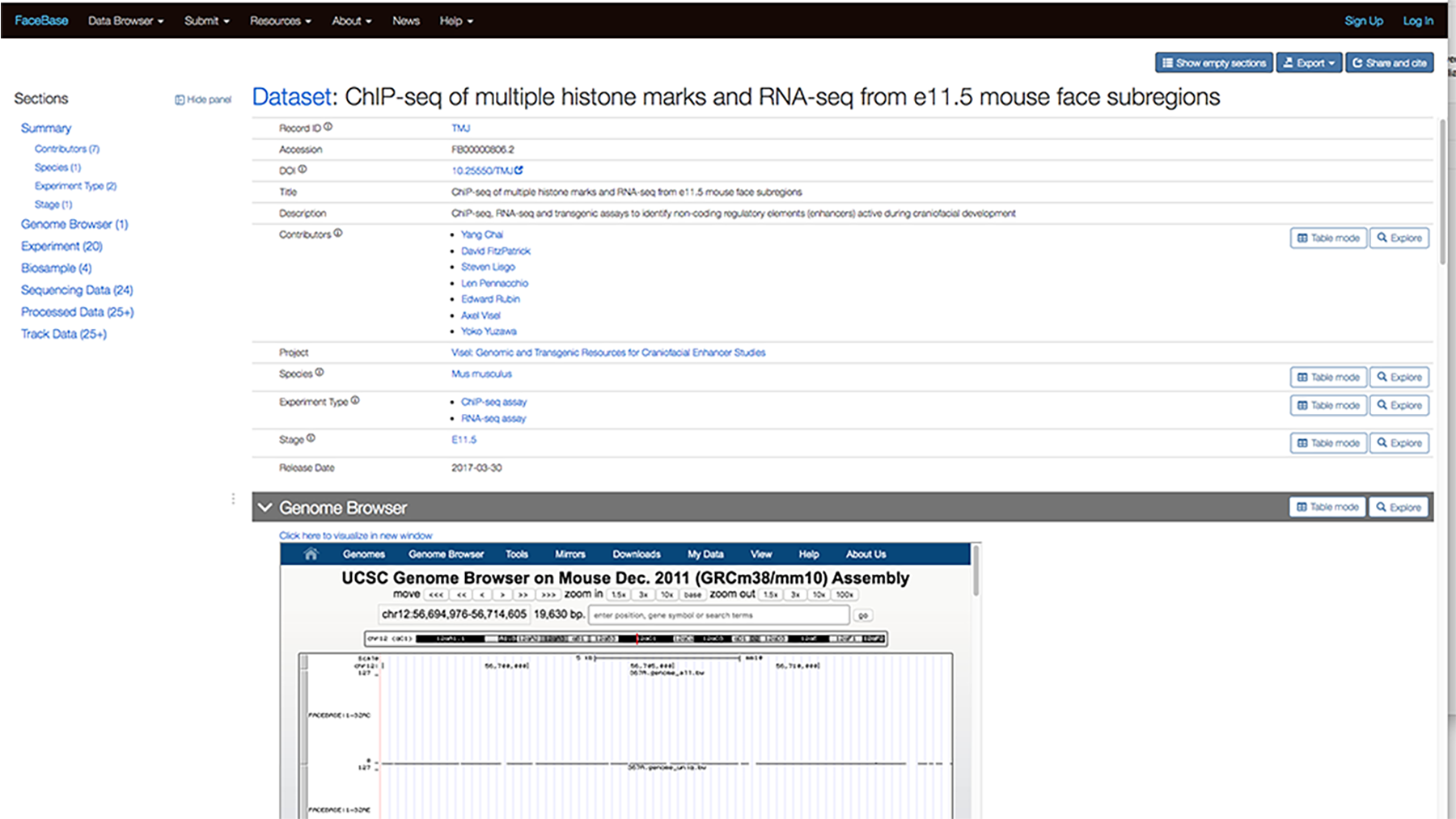 Screenshot of example dataset