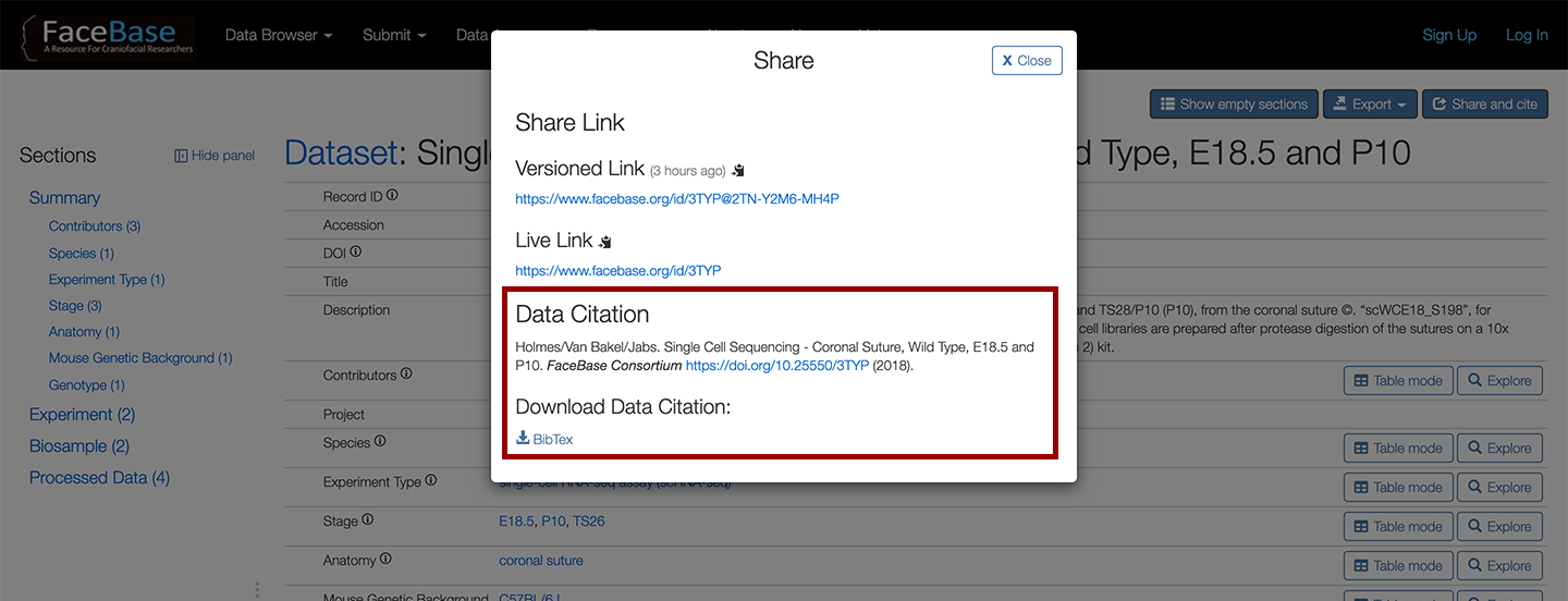 Example showing the Share popup with the citable identifier
